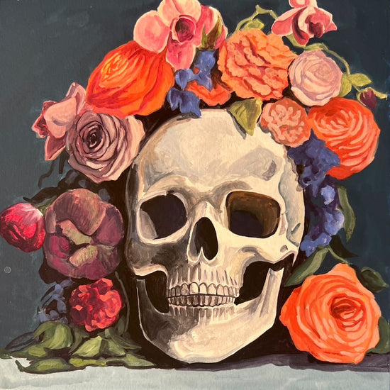 Gouache painted skull with flower headdress titled Los Muertos by artist Kate Birch; 8