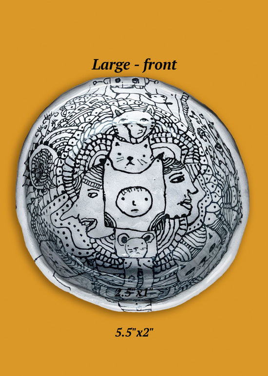 Front version of ceramic bowl with eclectic ink-drawn designs of animals, flowers, geometrics; artist Deb Blanco; 5.5