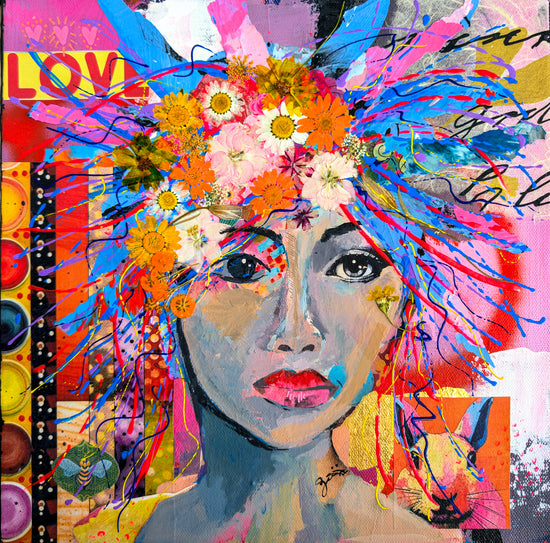 This work is a colorful abstract art piece with a woman's face and floral elements. The word LOVE appears in the left corner and on the side is a painter's palette of colors. 