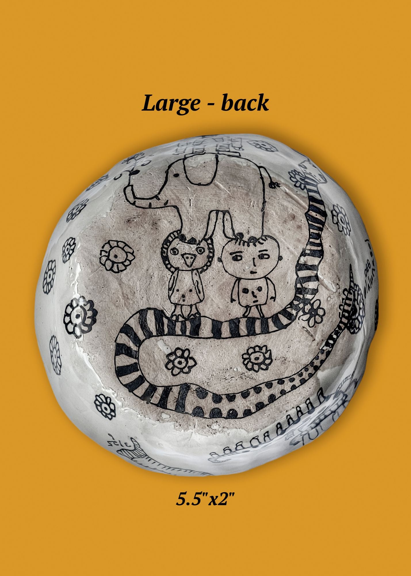 Back version of ceramic bowl with eclectic ink-drawn designs of animals, flowers, geometrics; artist Deb Blanco; 5.5" x 2"