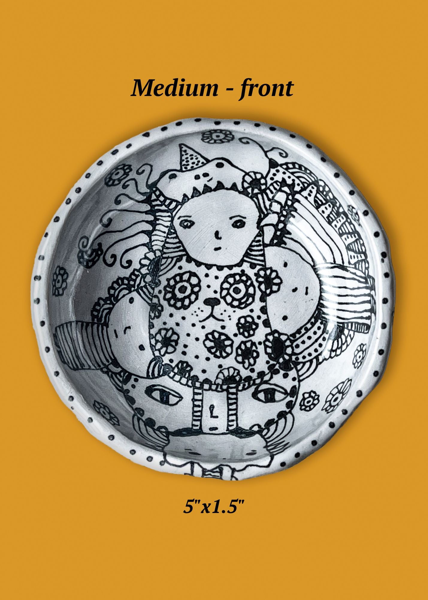 Front version of ceramic bowl with eclectic ink-drawn designs of animals, flowers, geometrics; artist Deb Blanco; 5" x 1.5"