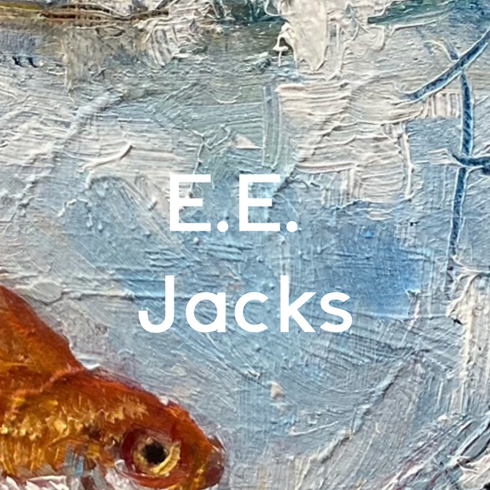 Artist E.E. Jacks name on a close up of her work, goldfish in a bowl
