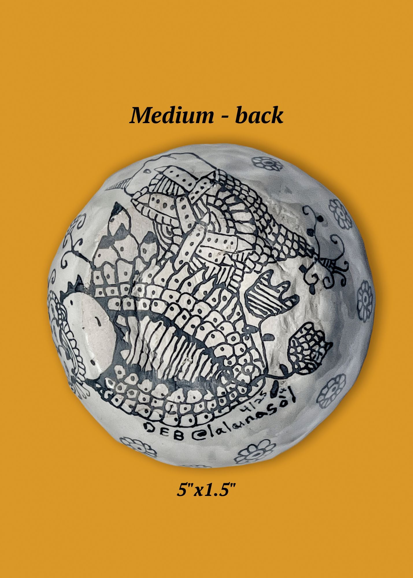 Back version of ceramic bowl with eclectic ink-drawn designs of animals, flowers, geometrics; artist Deb Blanco; 5" x 1.5"