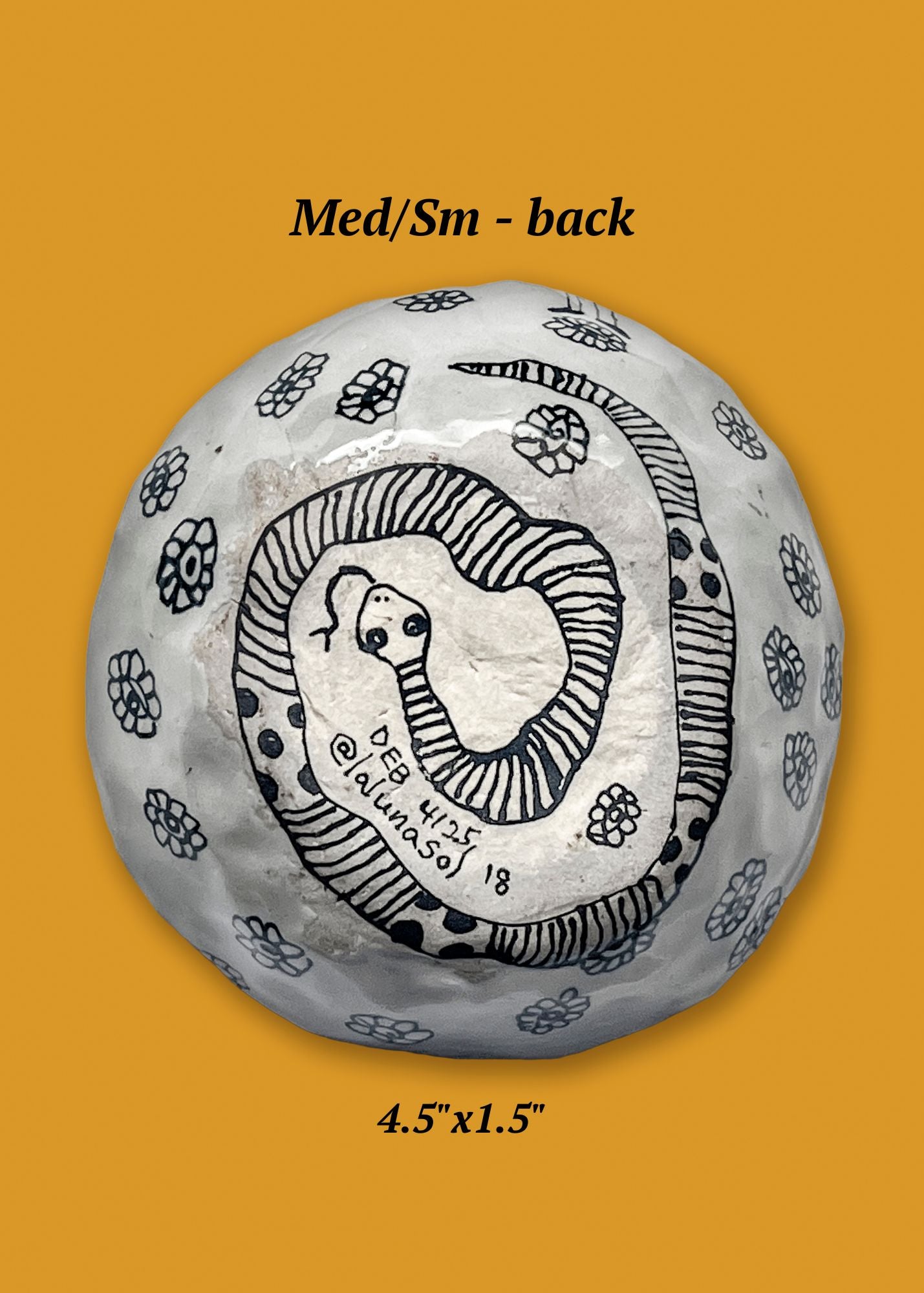 Back version of ceramic bowl with eclectic ink-drawn designs of animals, flowers, geometrics; artist Deb Blanco; 4.5" x 1.5"