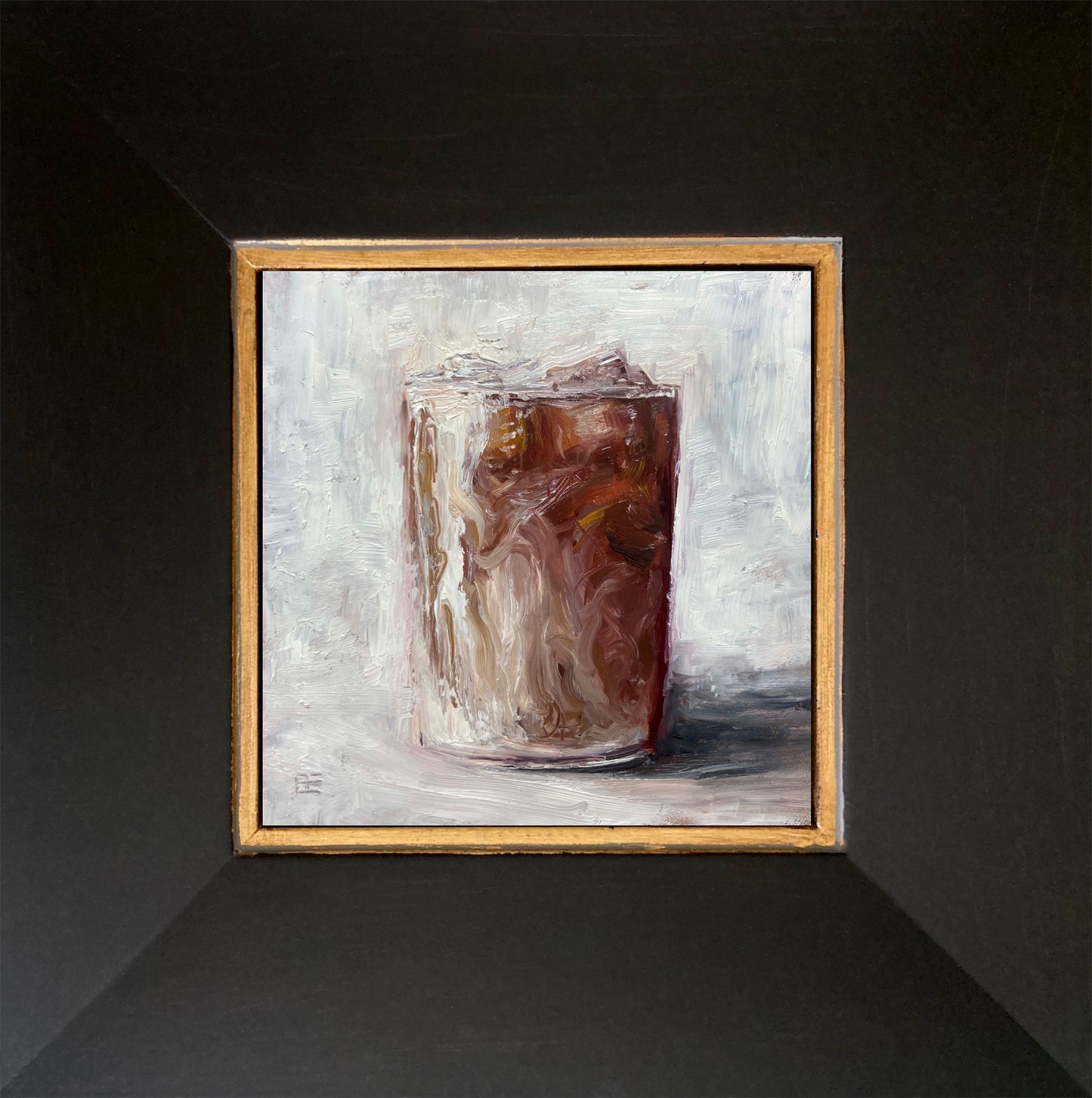 Oil painting of iced Oil painting of iced Oil painting of iced beverage by E. E. Jacks titled Afternoon with dark wood frame