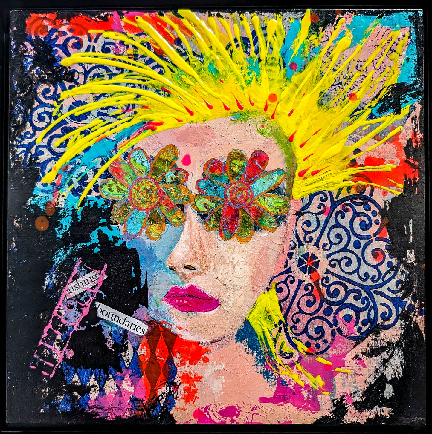 Mixed media piece of a whimsy girl with bright yellow hair, flower eyes against a colorful background of shapes and stencils