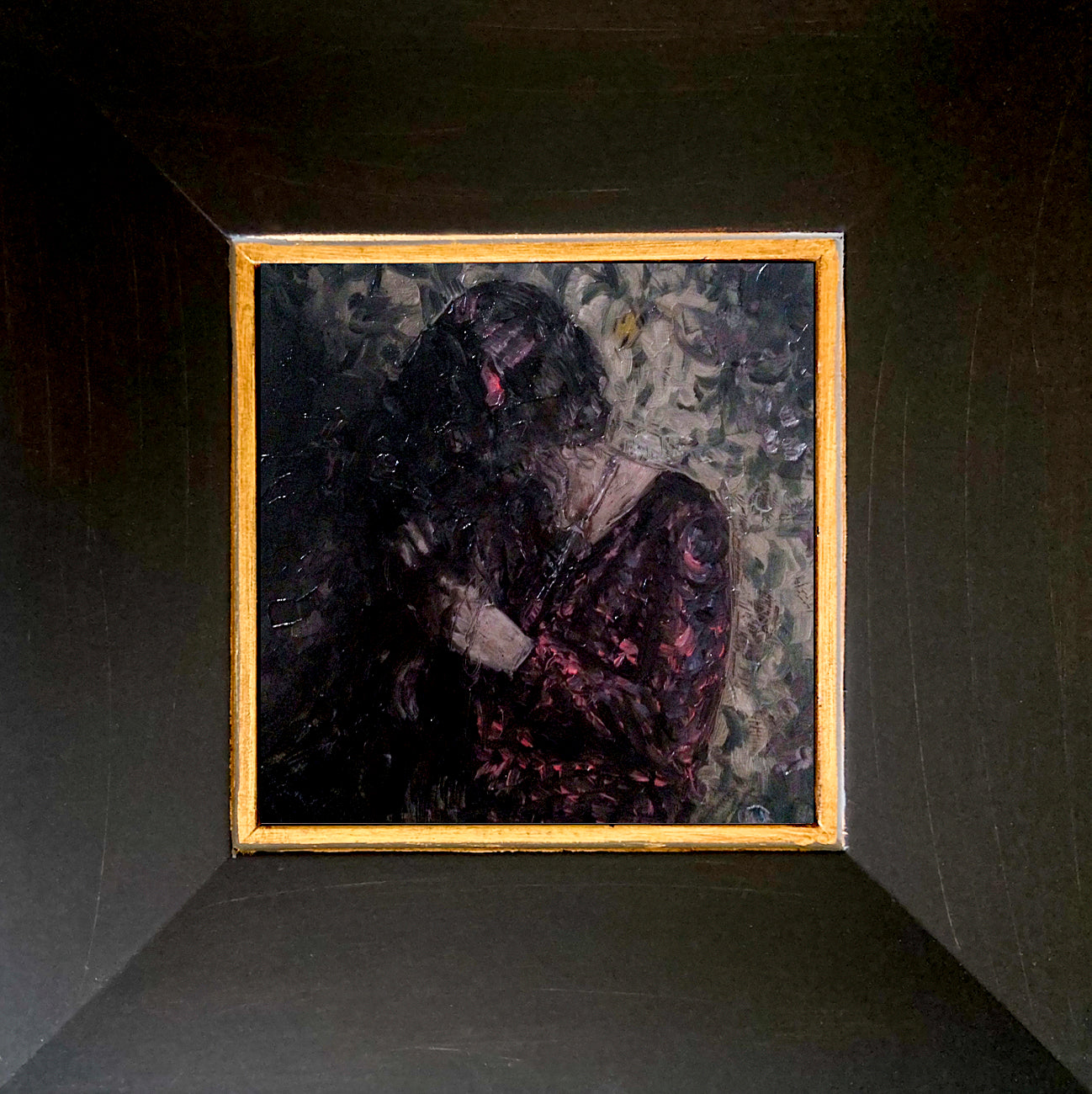 Abstract oil painting of woman in purple shades by E.E. Jacks in dark wood frame with gold trim