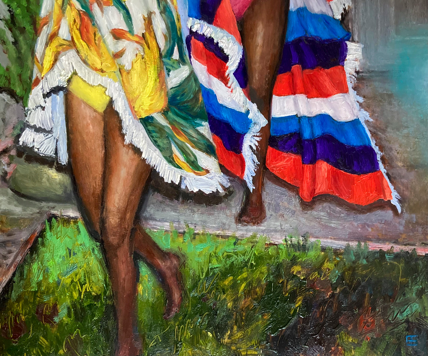 Painting shows two pairs of legs adorned with colorful shawls as subjects perhaps make their way for summer plunge. Colors are yellows, greens, blues and reds.