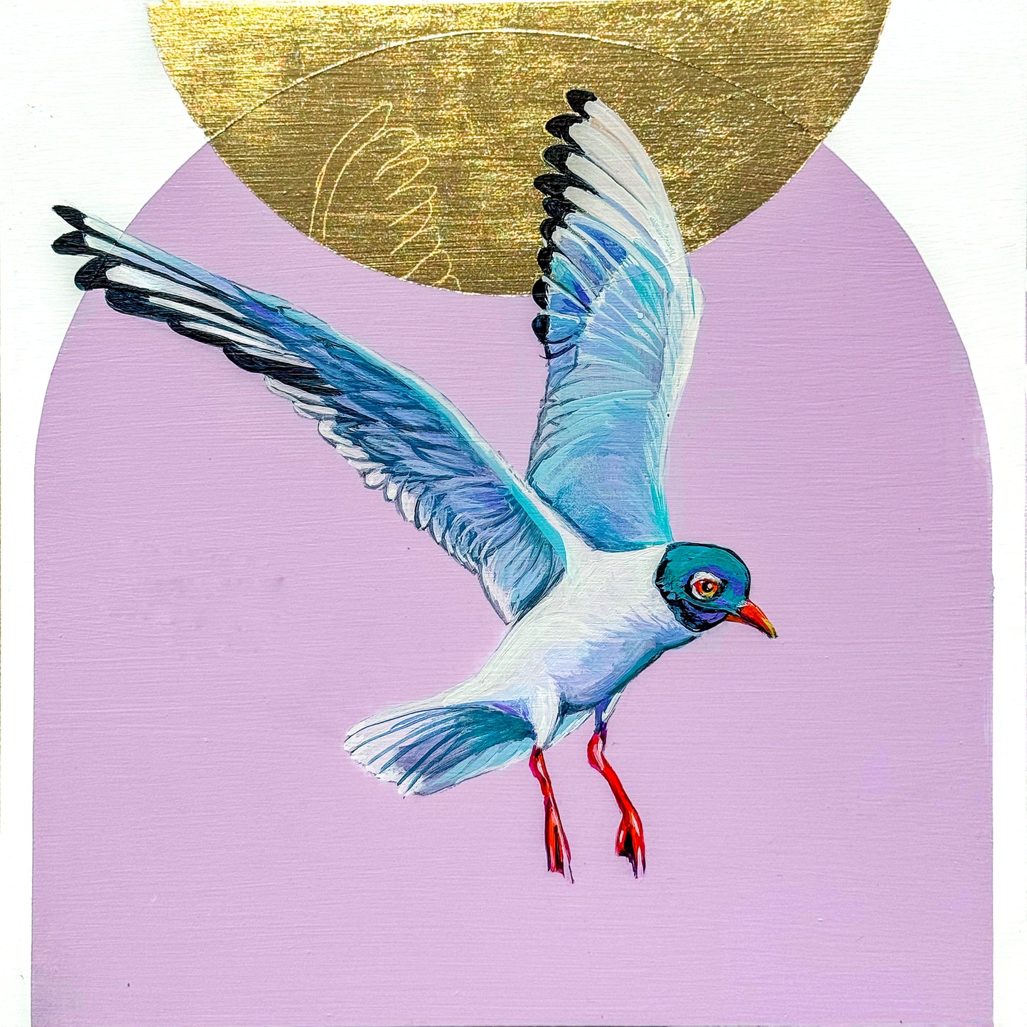 A black-headed seagull about to land; painted against a pink background with gold leaf enhancement at top of painting; 8"x8"; artist Marie Lavallee