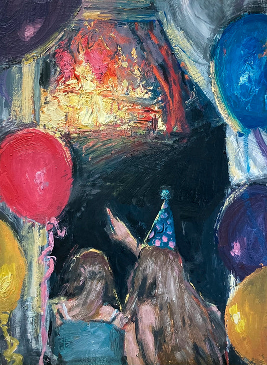 Impressionistic depiction of two people with party hats and balloons against a dark background looking and pointing at a lighted stage