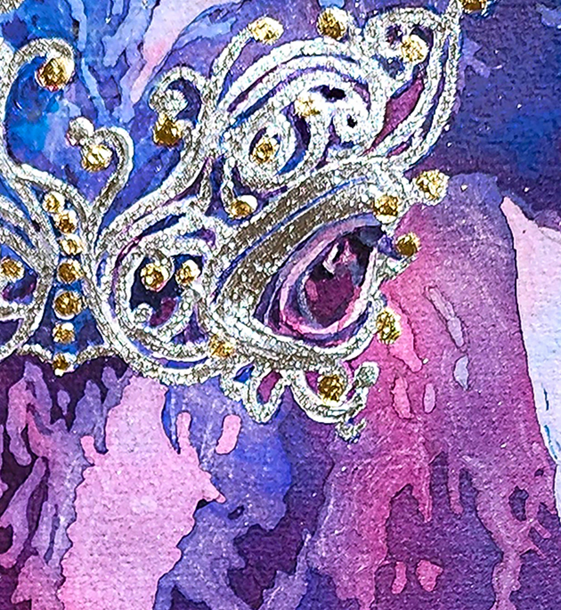 This close up of the cows eye shows the fine detail of the ornate mask. It is silver and gold and bejeweled with golden beads.