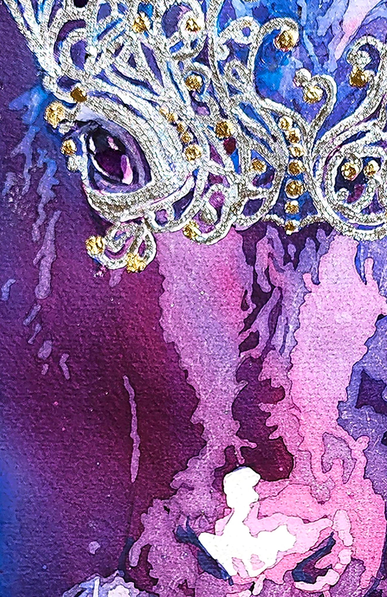 This close up image focuses on the snout of the cow with a small white patch on her nows. It also shows the details of the ornate silver and gold mask. 