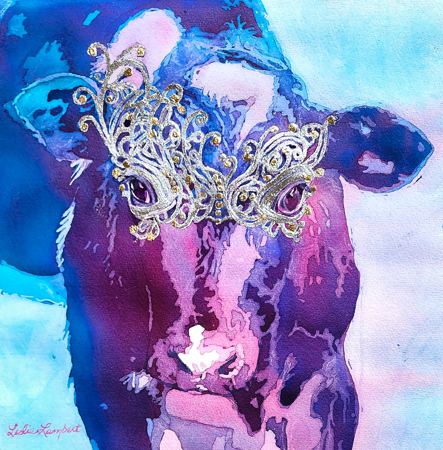 This adorable purple cow is ready for the masquerade in its ornate silver decorative mask. Hues of purple blend with the background of blues. 