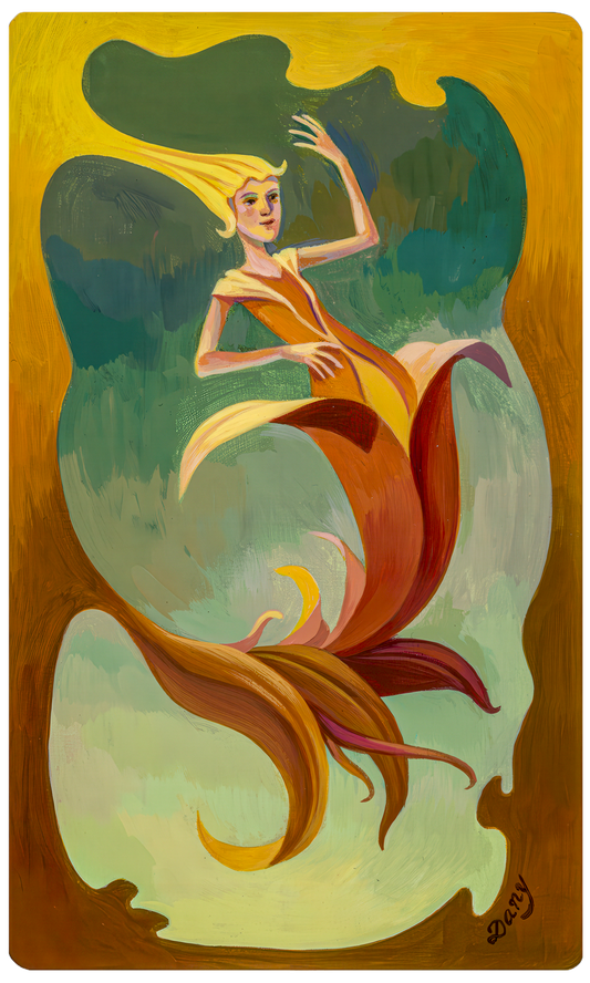 A free flowing image of a woman growing out of a bloom. The colors are orange, yellow and brown hues on a green background. 
