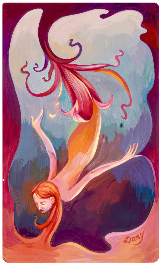This painting depicts a woman flowing out of a pink flowering bloom. Her hair flows into the curved border of the painting. The hues are reds and oranges on  blue/purple background.