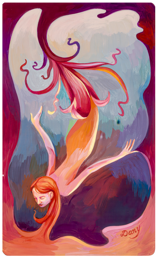 This painting depicts a woman flowing out of a pink flowering bloom. Her hair flows into the curved border of the painting. The hues are reds and oranges on  blue/purple background.