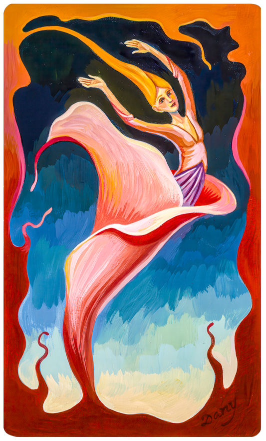 This image shows a woman flowing from a flower's bloom. She emerges stretched with her hands above her head and hair flowing. The colors are hues of oranges and reds against a blue background. 