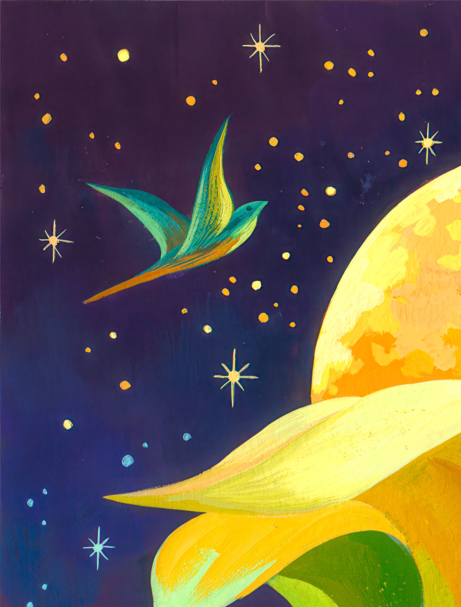 Yellow and orange hued moons bloom out of large leafy plants in the galaxy. Closeup of a  blue bird in the sky full of stars. 