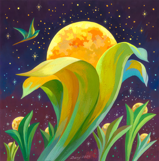 Yellow and orange hued moons bloom out of large leafy plants in the galaxy. A blue bird flies in the sky full of stars. 