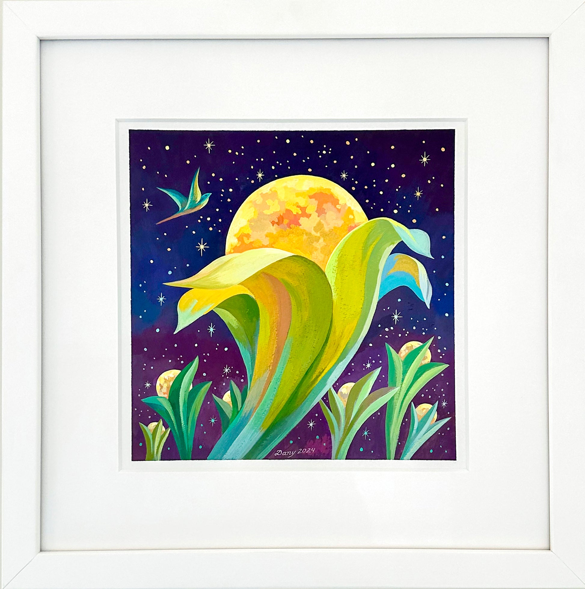 A yellow and orange hued moons bloom out of large leafy plants in the galaxy. A blue bird flies in the sky full of stars. 