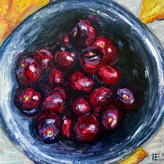 This still life of a bowl of cherries emphasizes the fine detail that can be created through the use of oils. E.E. Jacks has captured the glistening texture of the cherries as they capture the ambient light.