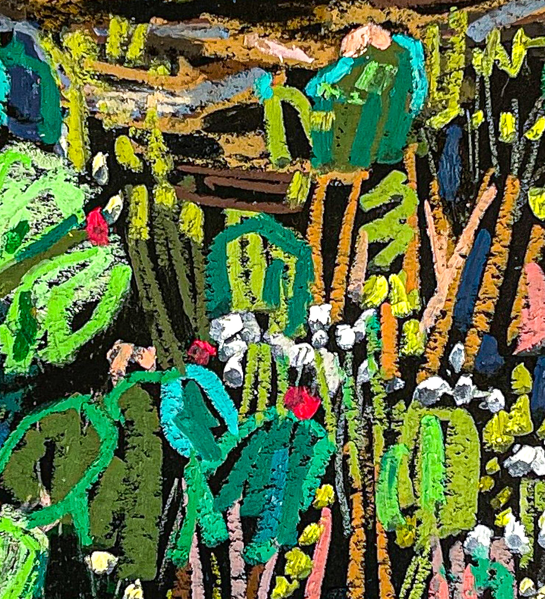 Close up of the cactus garden showing the green, blue and brown hues as textures created by the oil pastels.