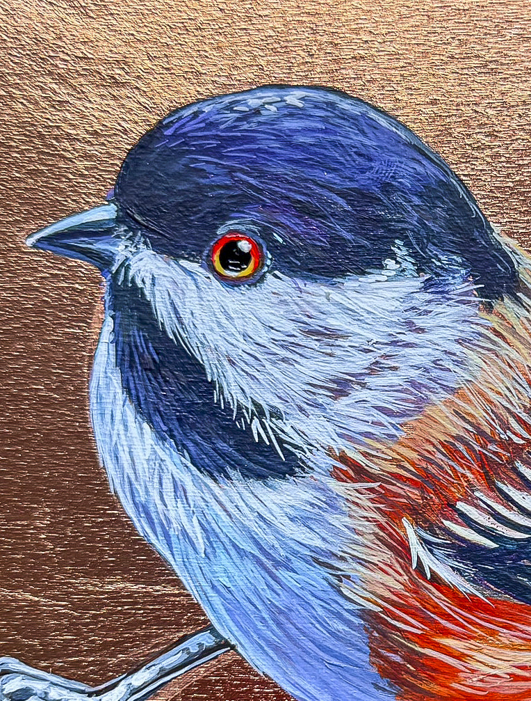 Closeup of colorful Chickadee against a copper leaf background; painted on a birch panel; 8"x8"; artist Marie Lavallee