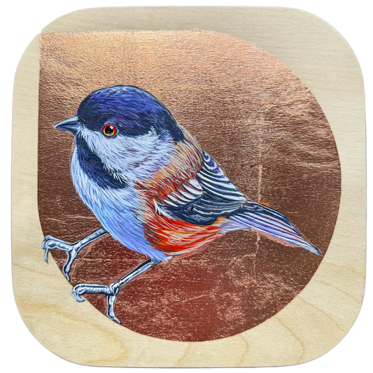 Colorful Chickadee against a copper leaf background; painted on a birch panel; 8"x8"; artist Marie Lavallee