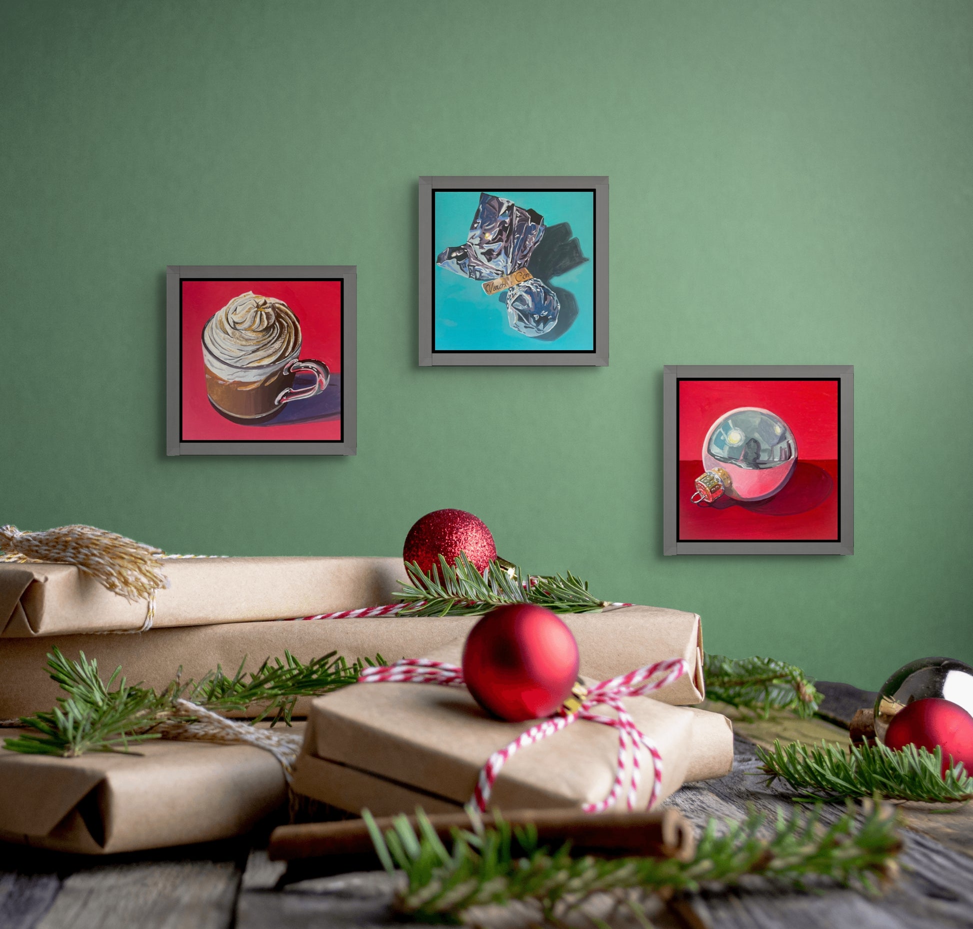 Silver tree ornament with a blue reflection on a brilliant red and orange background; artist Kate Jarvik Birch; 6"Wx6"H; shown in frame in situ with two other small holiday paintings;