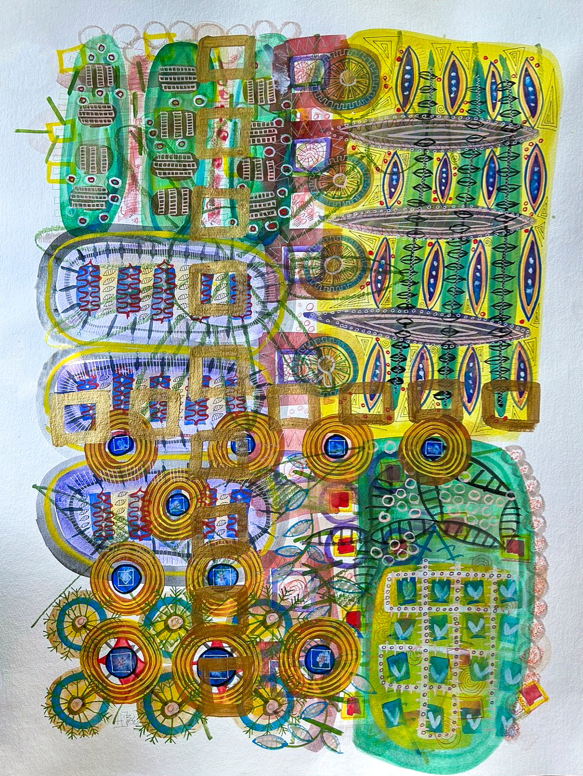 Colorful mixed media abstract and graphic design titled Circuit Board by artist Jenifer Hernandez. 