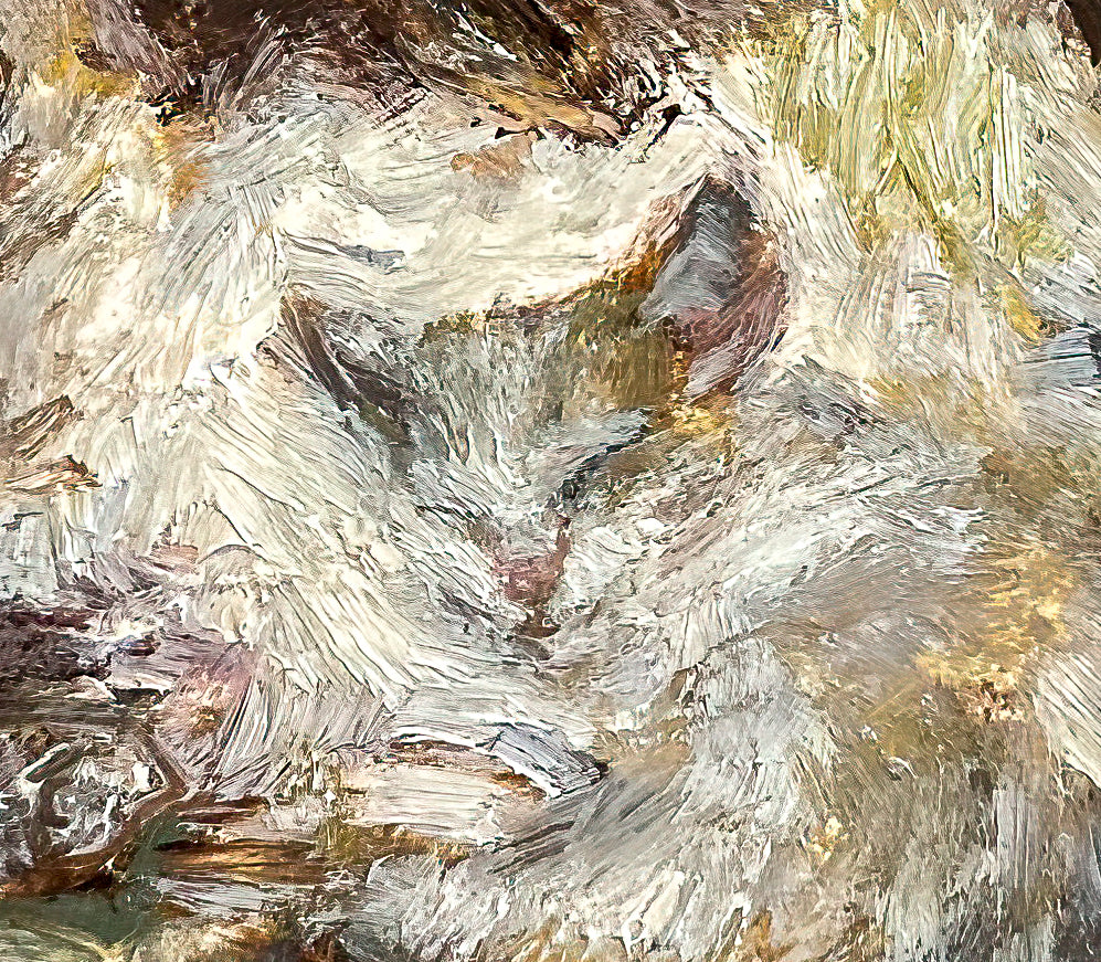 Close up of the kittens face surrounded by its mother's fur. Photo shows details of the texture of the oil paints.