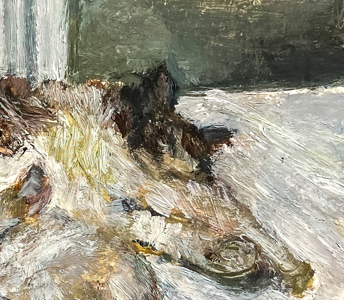 Close up of the mother cat sleeping, paws outstretched. The photo shows the texturing from the application of the oil paint.