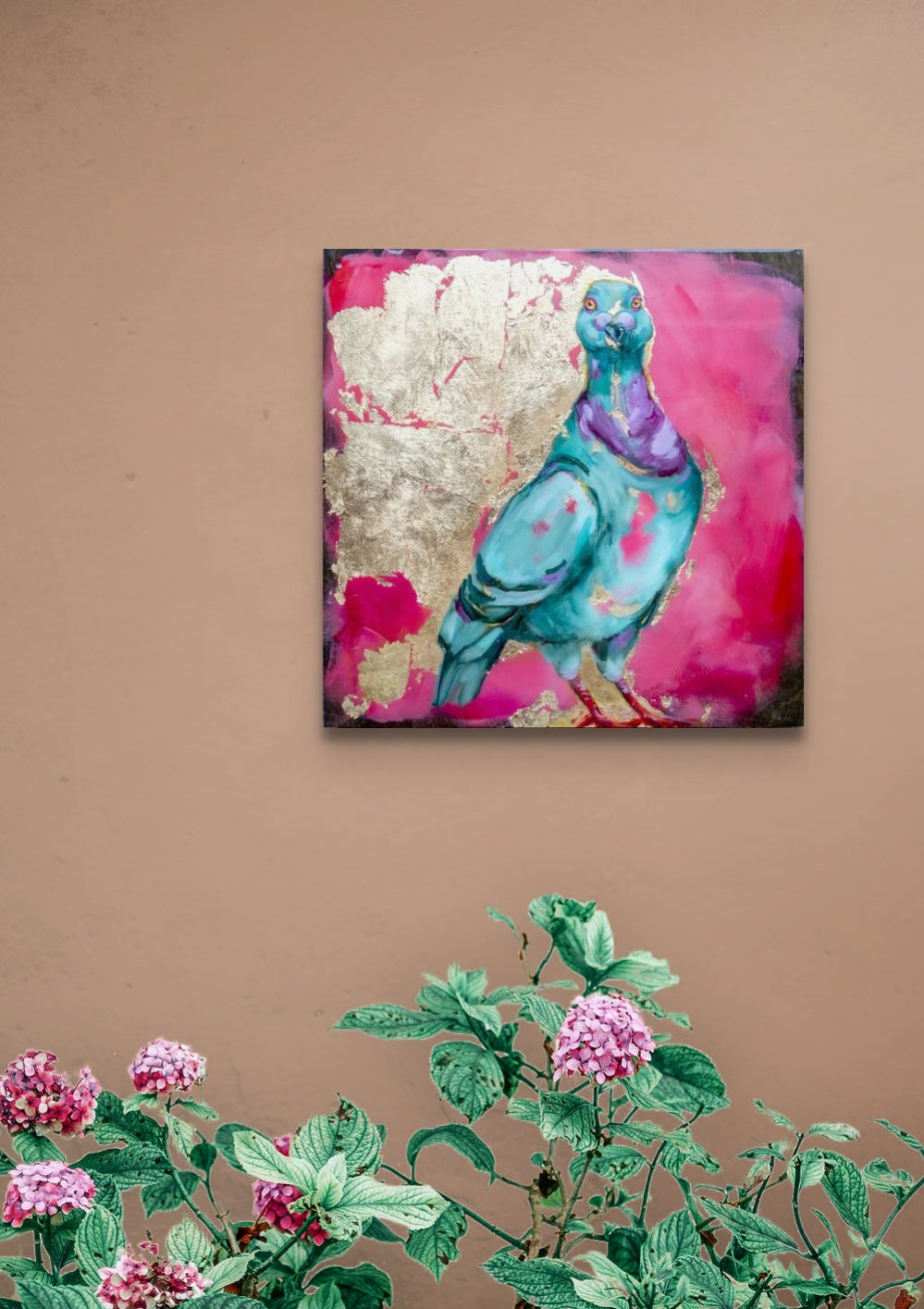 14"x14" painting of Pidgeon using mixed media; acrylic and oil, pencil, and gold leaf with glossy resin finish on surface; artist Shaney Watters; in situ