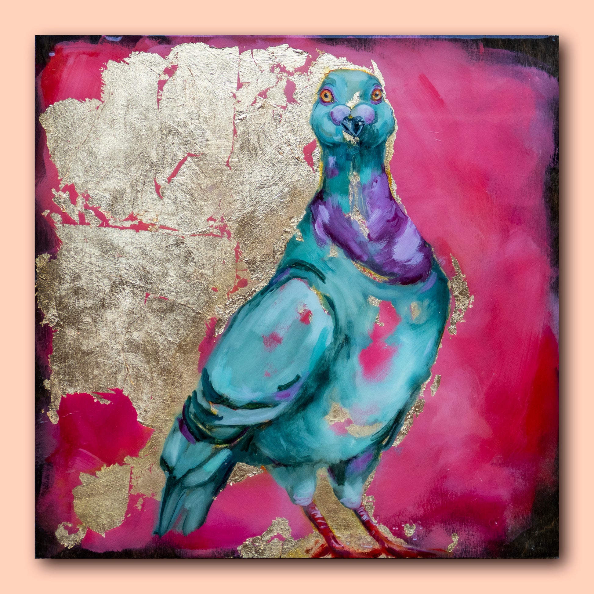 14"x14" painting of Pidgeon using mixed media; acrylic and oil, pencil, and gold leaf with glossy resin finish on surface; artist Shaney Watters