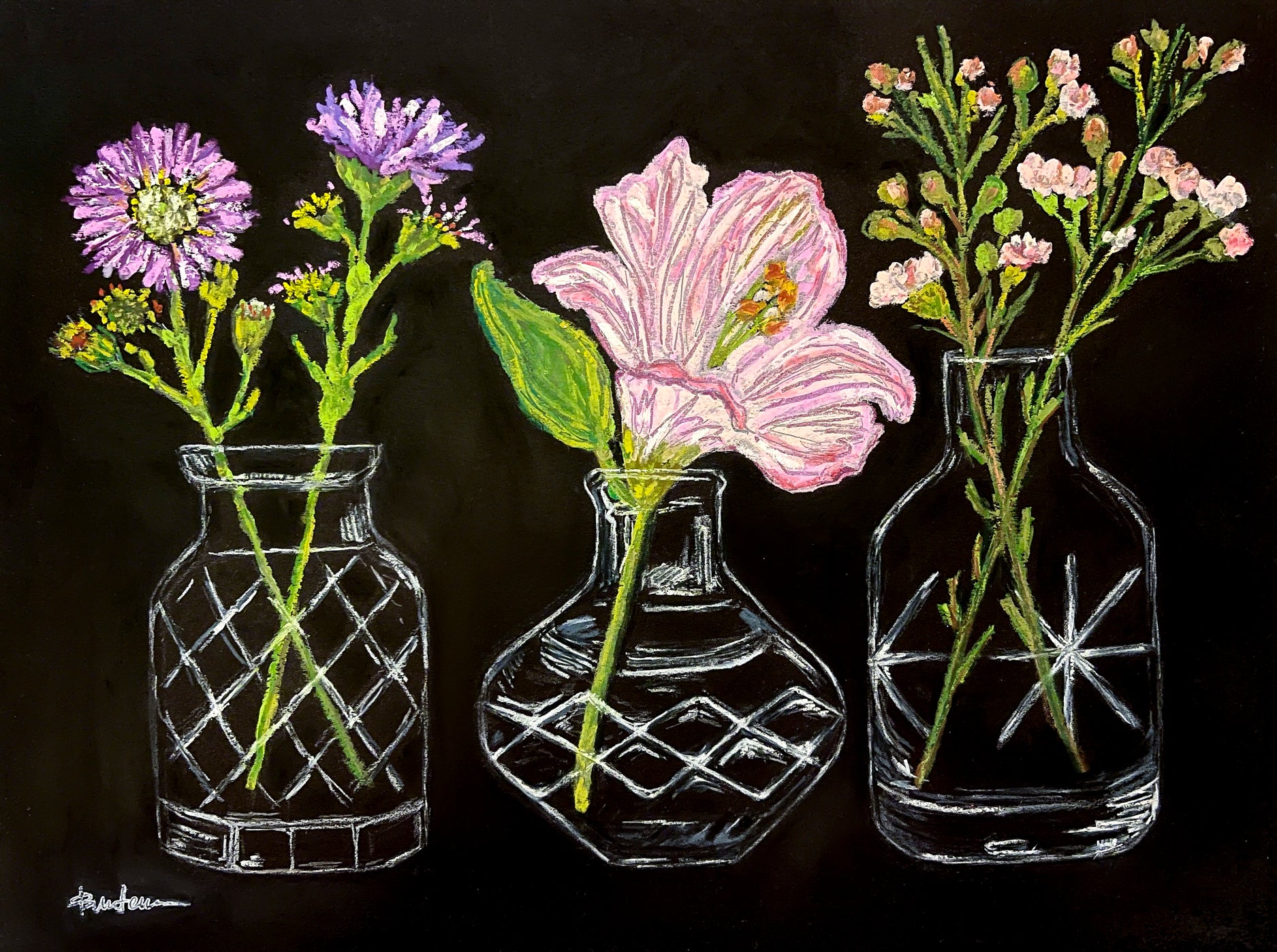 Three glass vases with a variety of pink and purple flowers are shown on a black background. The vases are composed of simple, line drawings. 