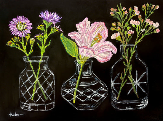 Three glass vases with a variety of pink and purple flowers are shown on a black background. The vases are composed of simple, line drawings. 
