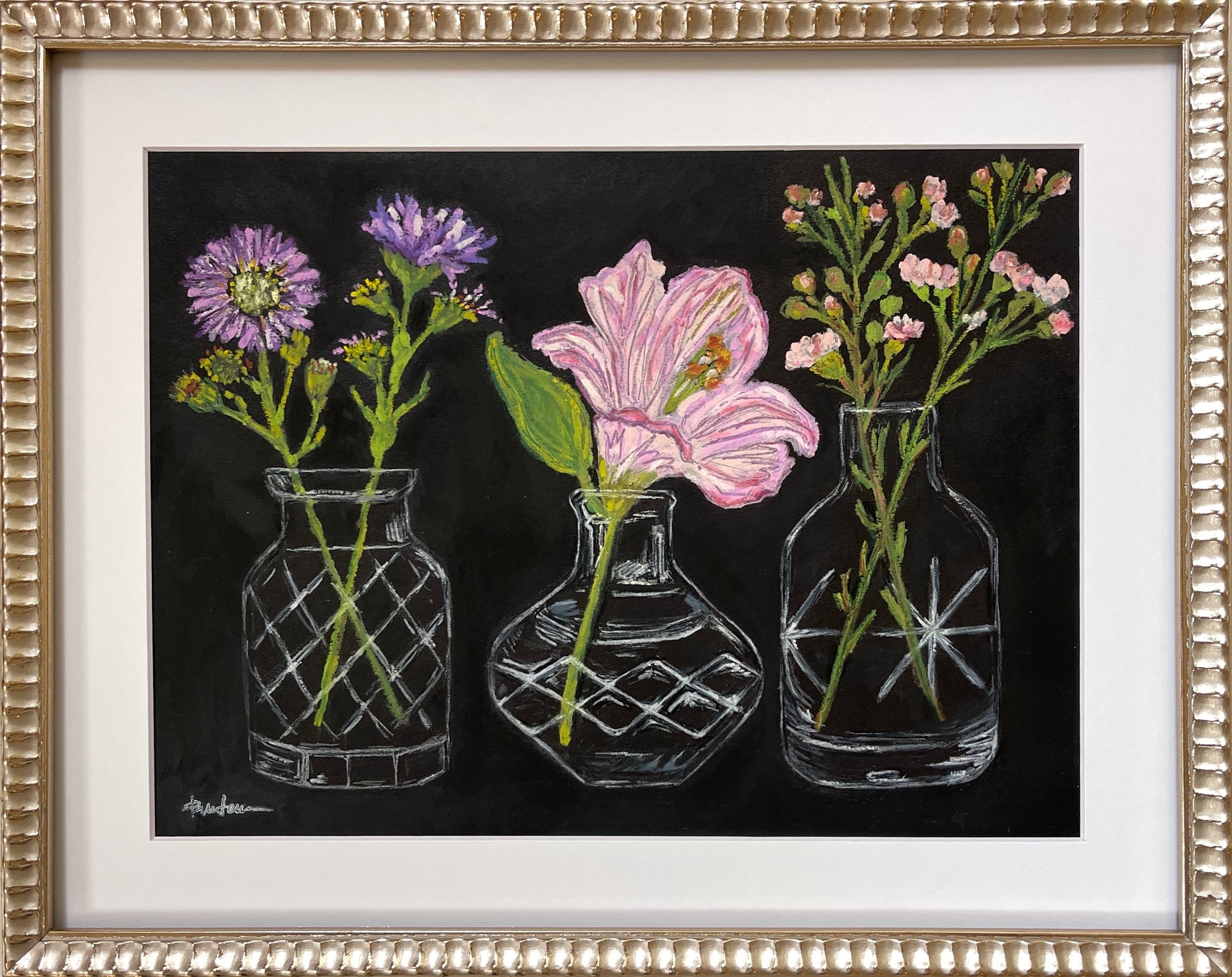 Flowers for no reason shown in its gold frame with white mat.