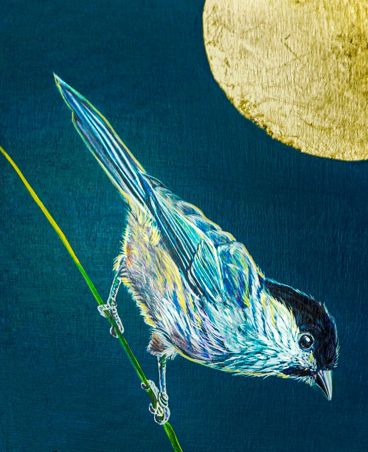 This image shows a close up image of the bird in the top shape of The Balancing Act. The feathers are a mixture of blues, yellows, and teals. In the right corner is a portion of the gold leaf circle.