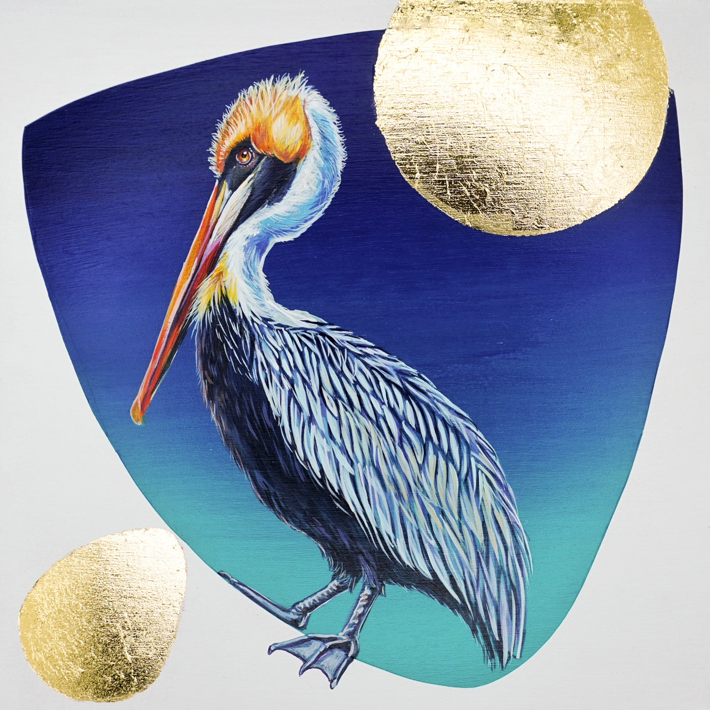 Blue hued pelican on a dark blue background with gold leaf moon and additional accents; artist Marie Lavallee; 10"x10"