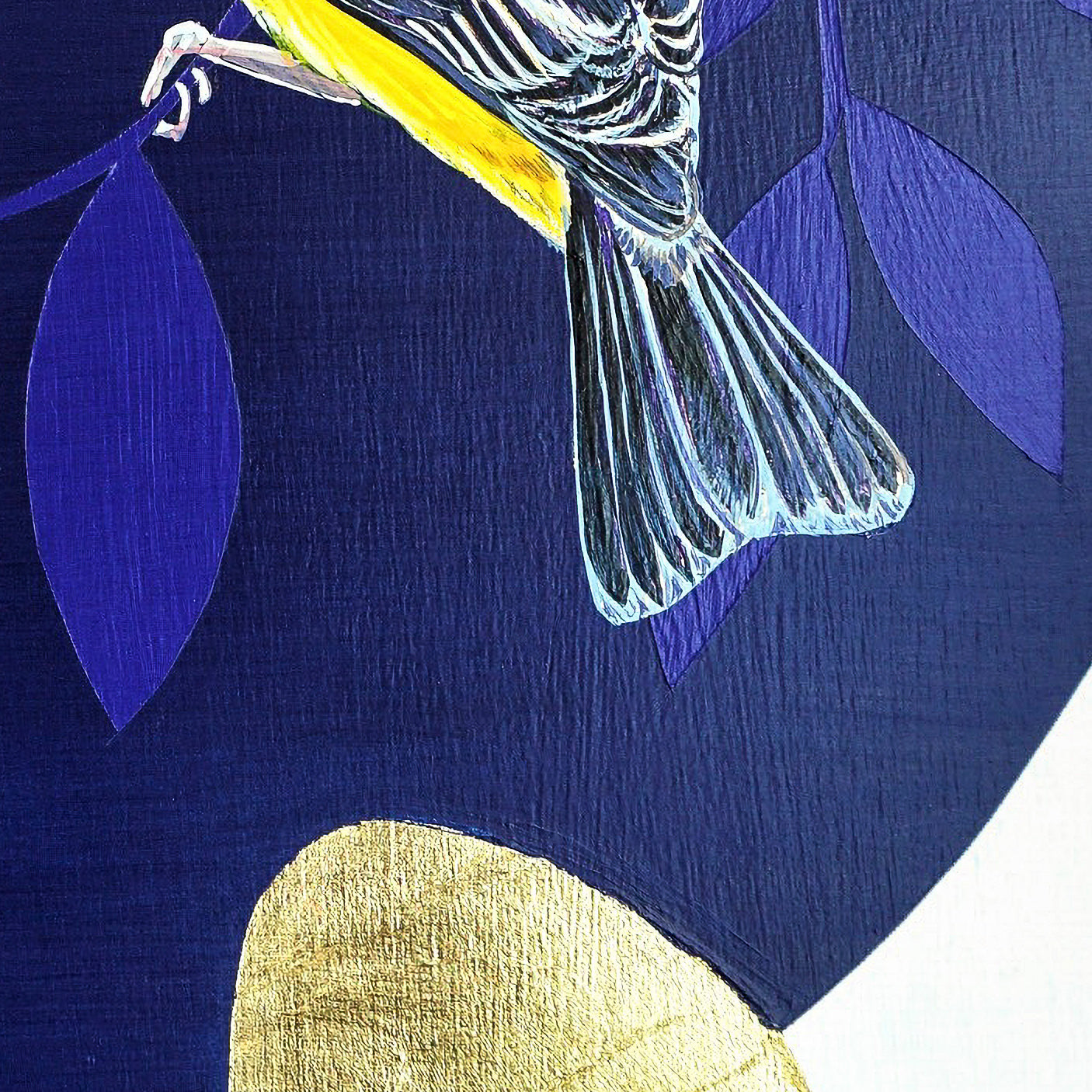 Yellow bird and smaller blue bird on blue leaf shaped background. Gold leaf accent; closeup of bird tail and gilding; artist Marie Lavallee; 12"Wx16"H