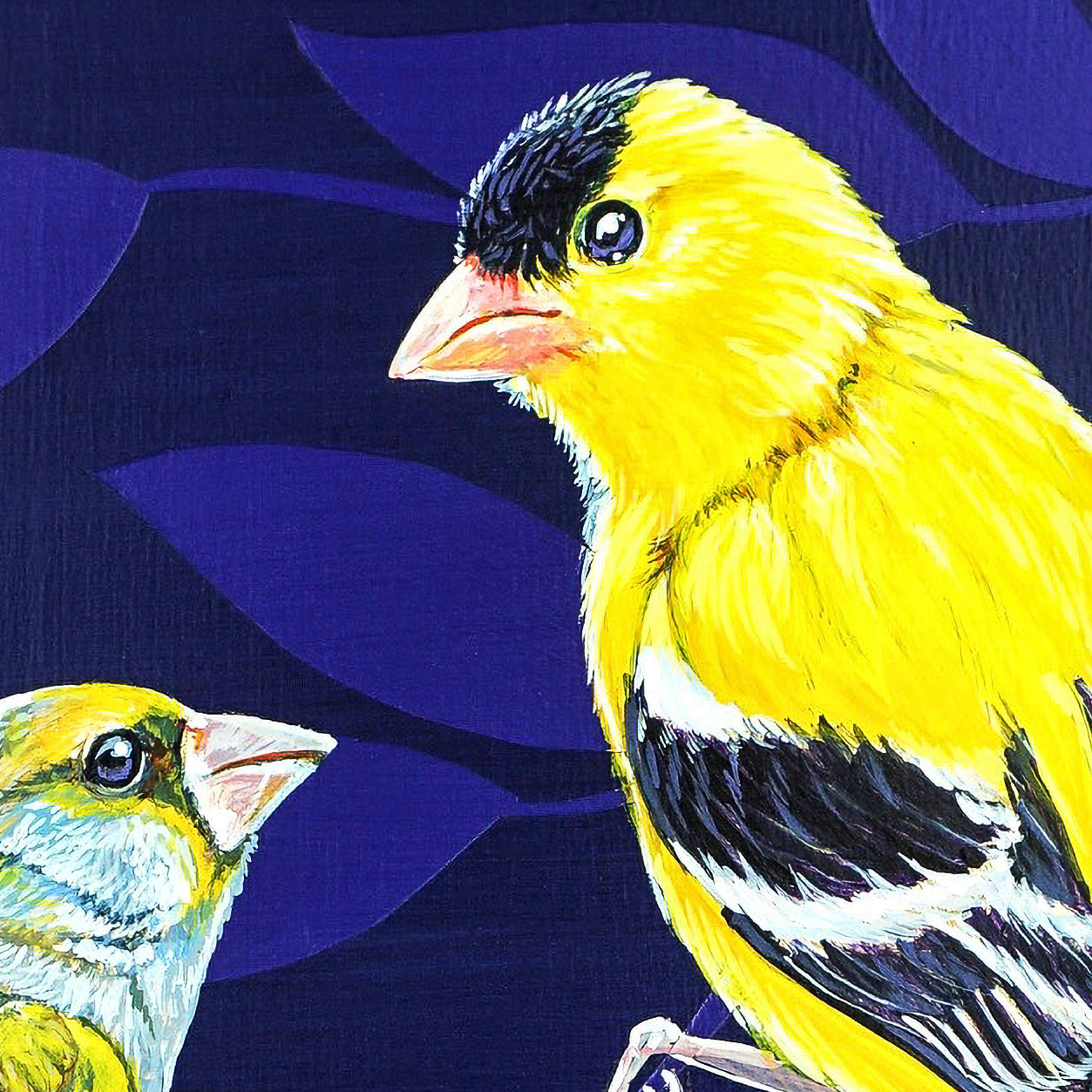 Yellow bird and smaller blue bird on blue leaf shaped background. Gold leaf accent; closeup of bird, head detail;  artist Marie Lavallee; 12"Wx16"H