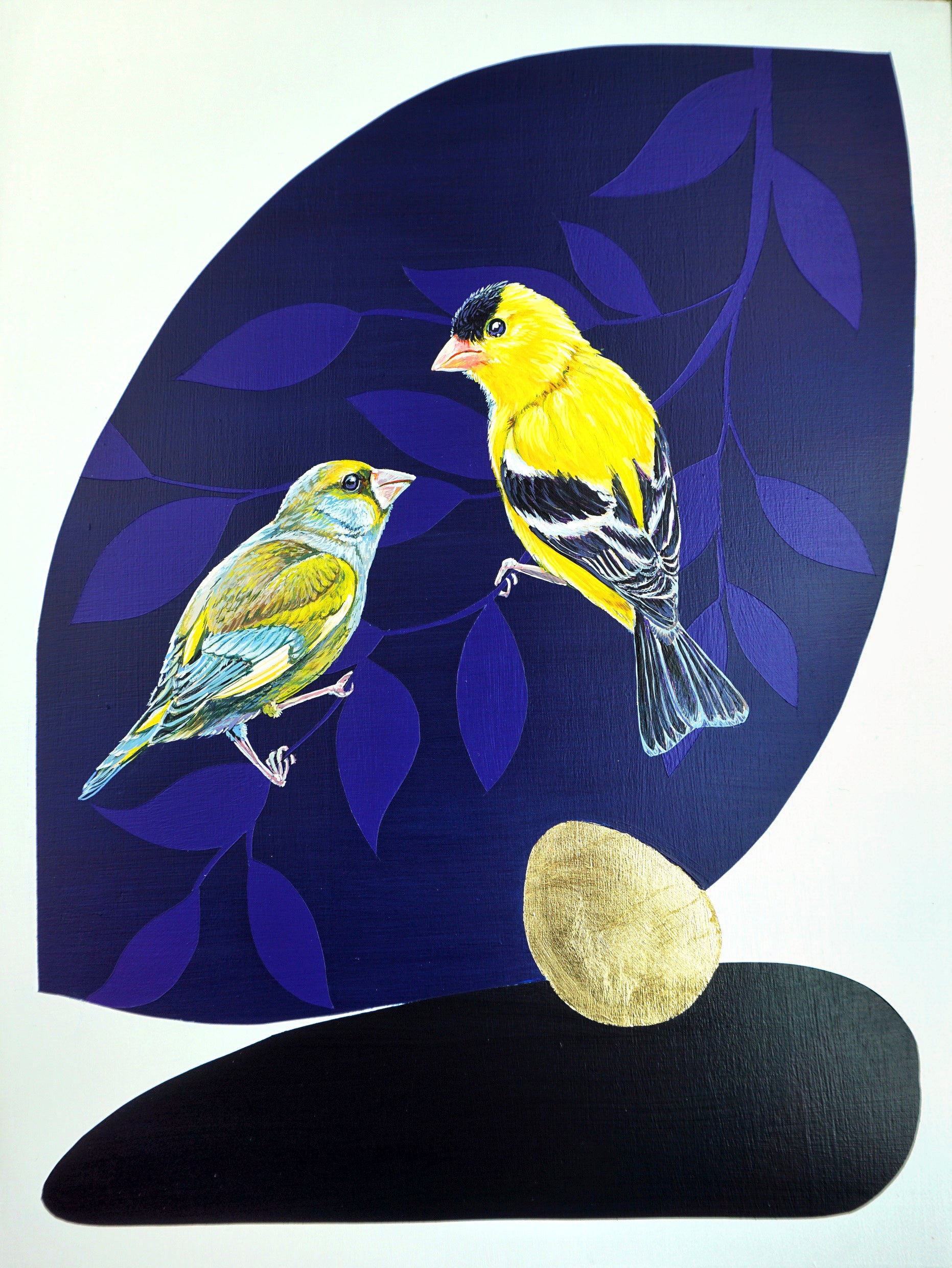Yellow bird and smaller blue bird on blue leaf shaped background. Gold leaf accent; artist Marie Lavallee; 12"Wx16"H