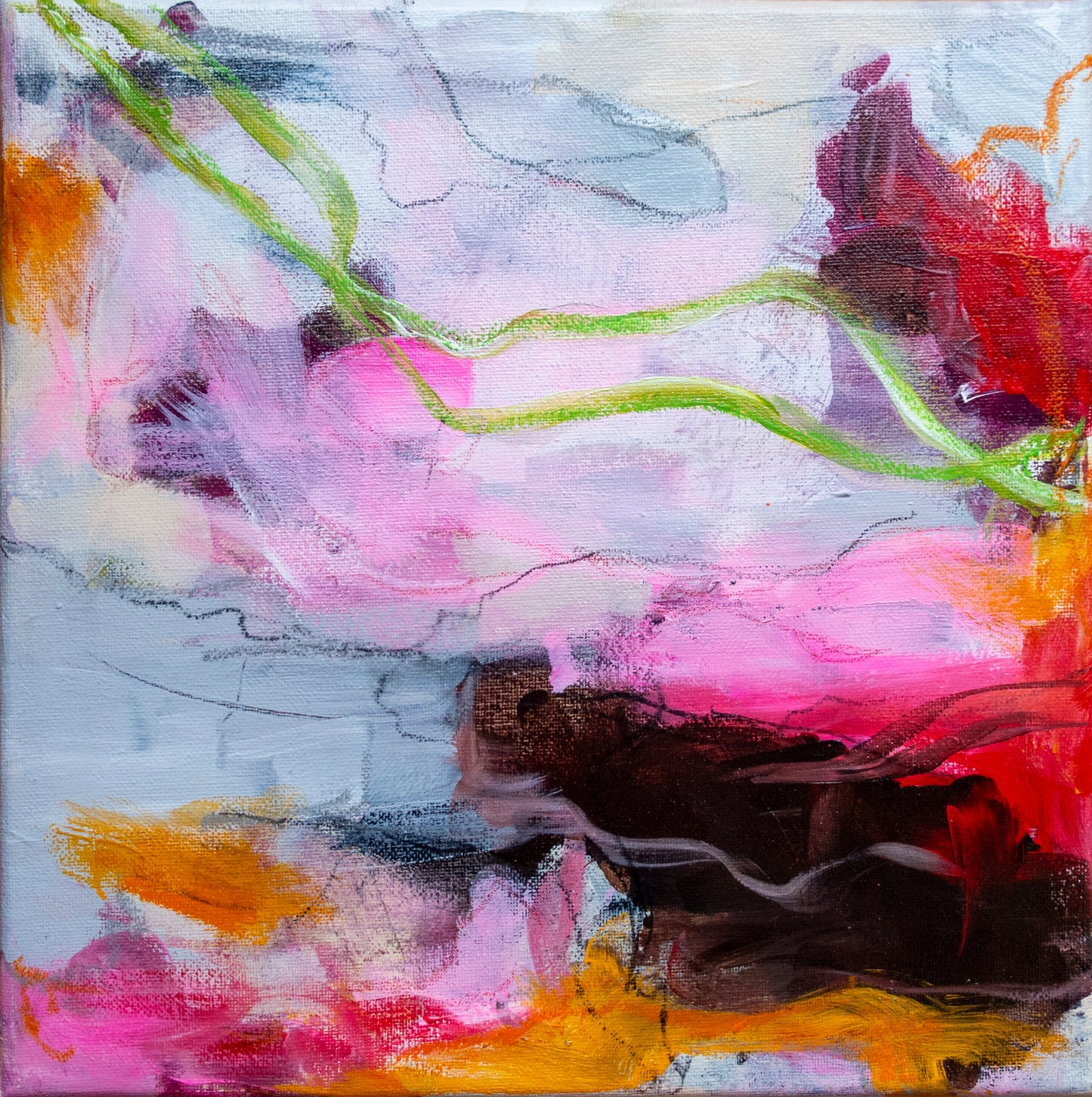 Colorful abstract painting using acrylic paint titled 'Maia' by artist Steffi Möllers; measures 12"x12"