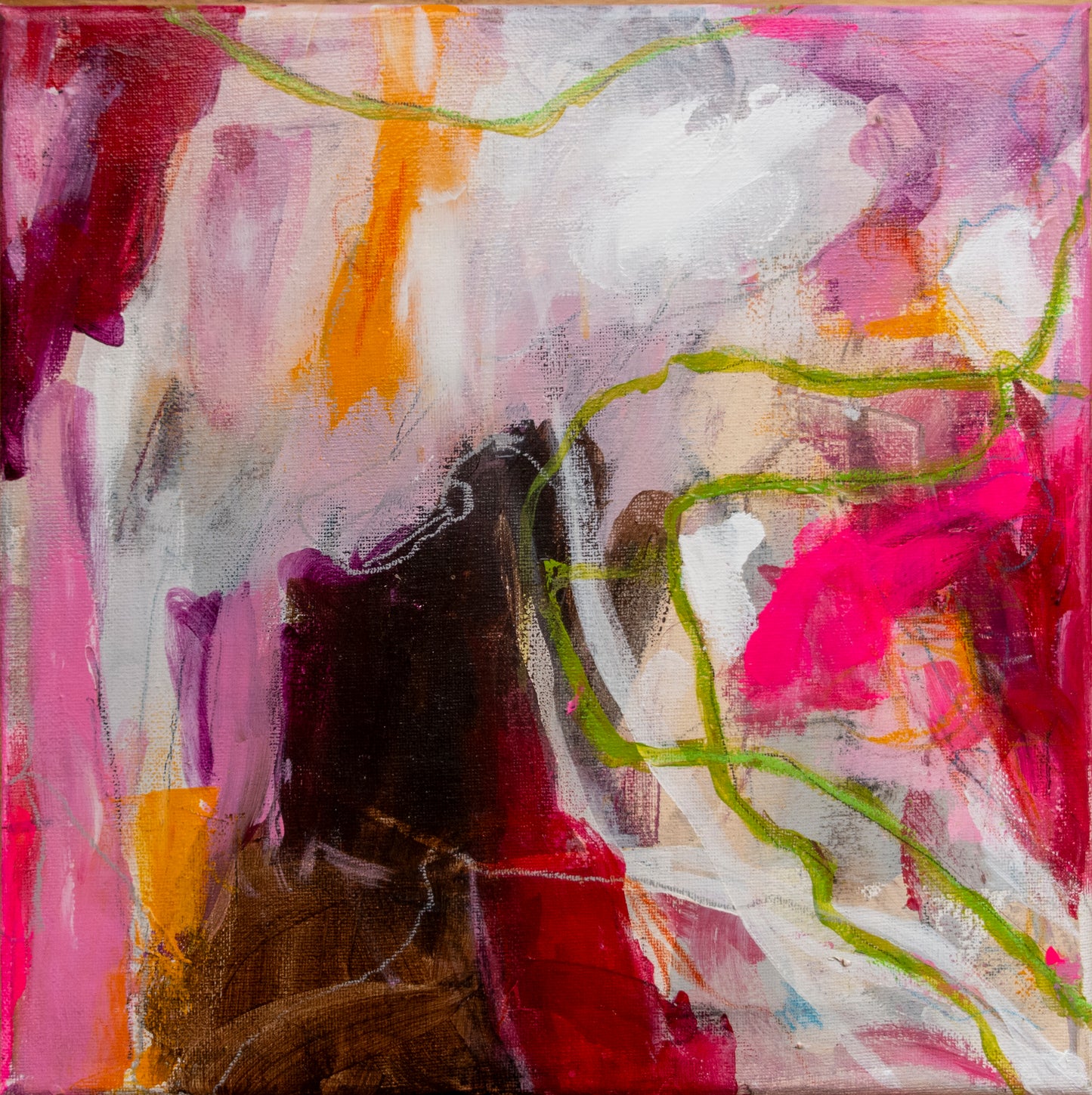 Colorful abstract painting using acrylic paint titled 'Hera' by artist Steffi Möllers; measures 12"x12"