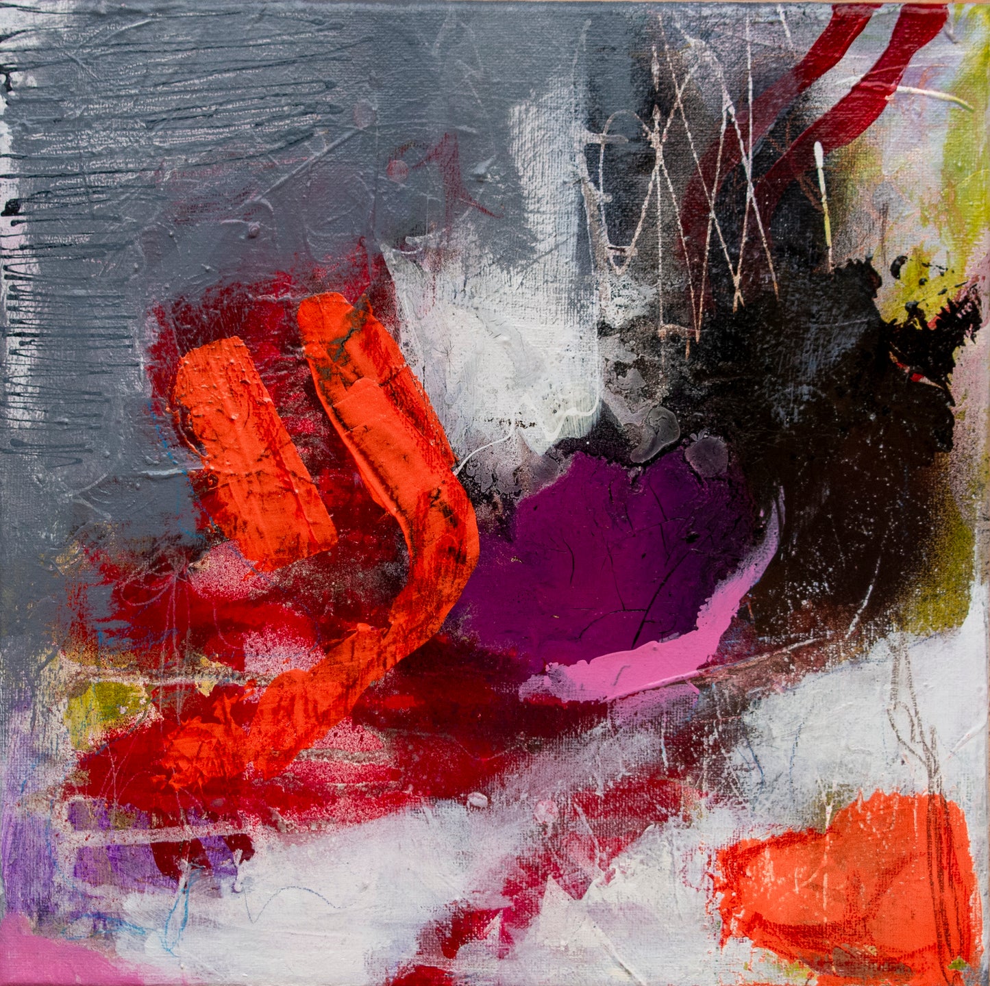 Colorful abstract painting using acrylic paint titled 'Break Free II' by artist Steffi Möllers; measures 12"x12"