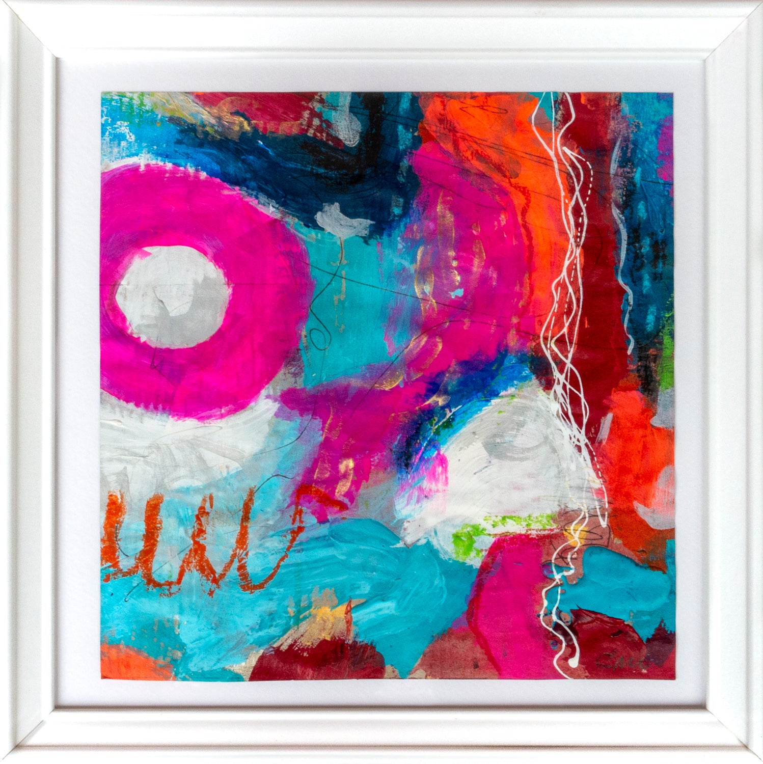 Colorful acrylic abstract painting on paper titled 'Workshop 10' by artist Steffi Möllers; measures app 7.5"x7.5", w/frame 10"x10"