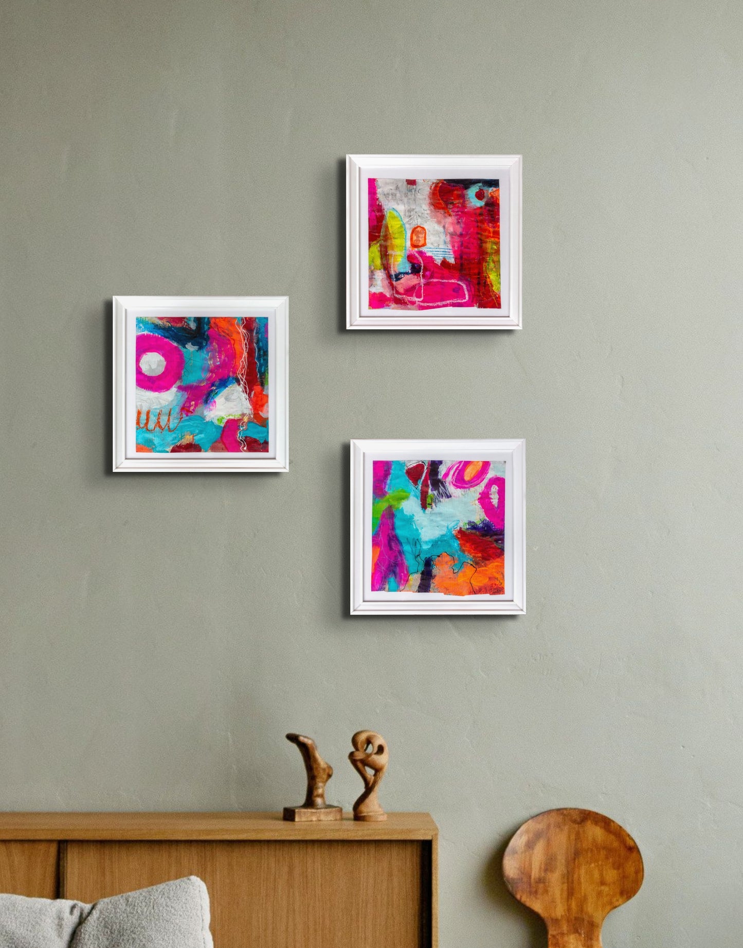 Colorful acrylic abstract painting on paper titled 'Part of the Whole #2' by artist Steffi Möllers; measures app 7.5"x7.5"; w/frame measures 10"x10"; image is paired with two other abstracts by same artist hanging in situ on wall.