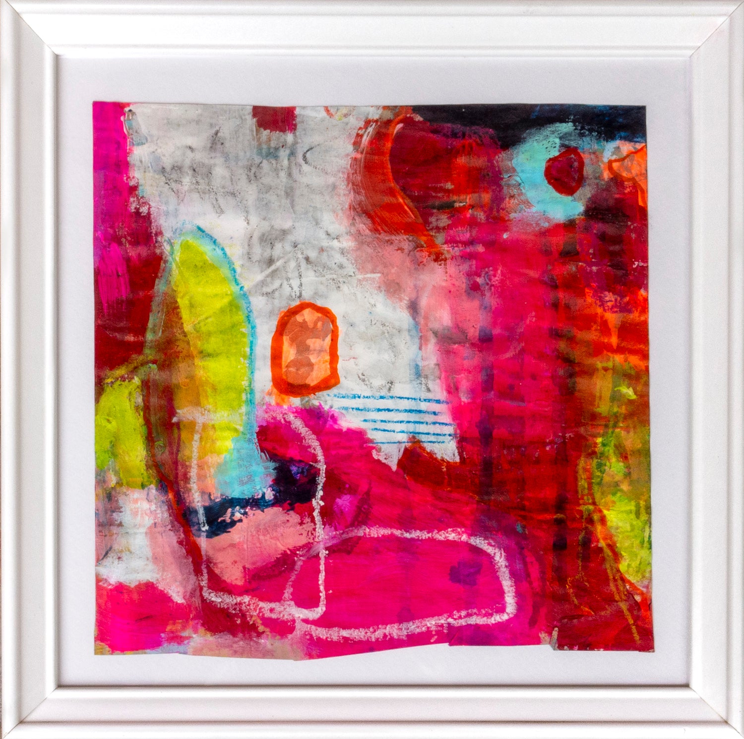 Colorful acrylic abstract painting on paper titled 'Part of the Whole #4' by artist Steffi Möllers; measures app 7.5"x7.5"; w/frame measures 10"x10"