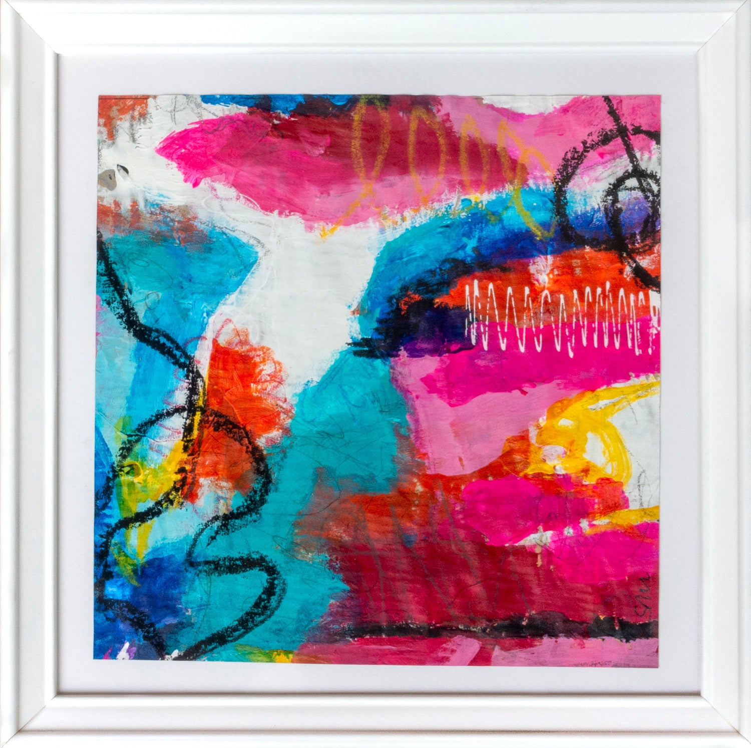 Colorful acrylic abstract painting on paper titled 'Part of the Whole #14' by artist Steffi Möllers; measures app 7.5"x7.5"; w/frame measures 10"x10"