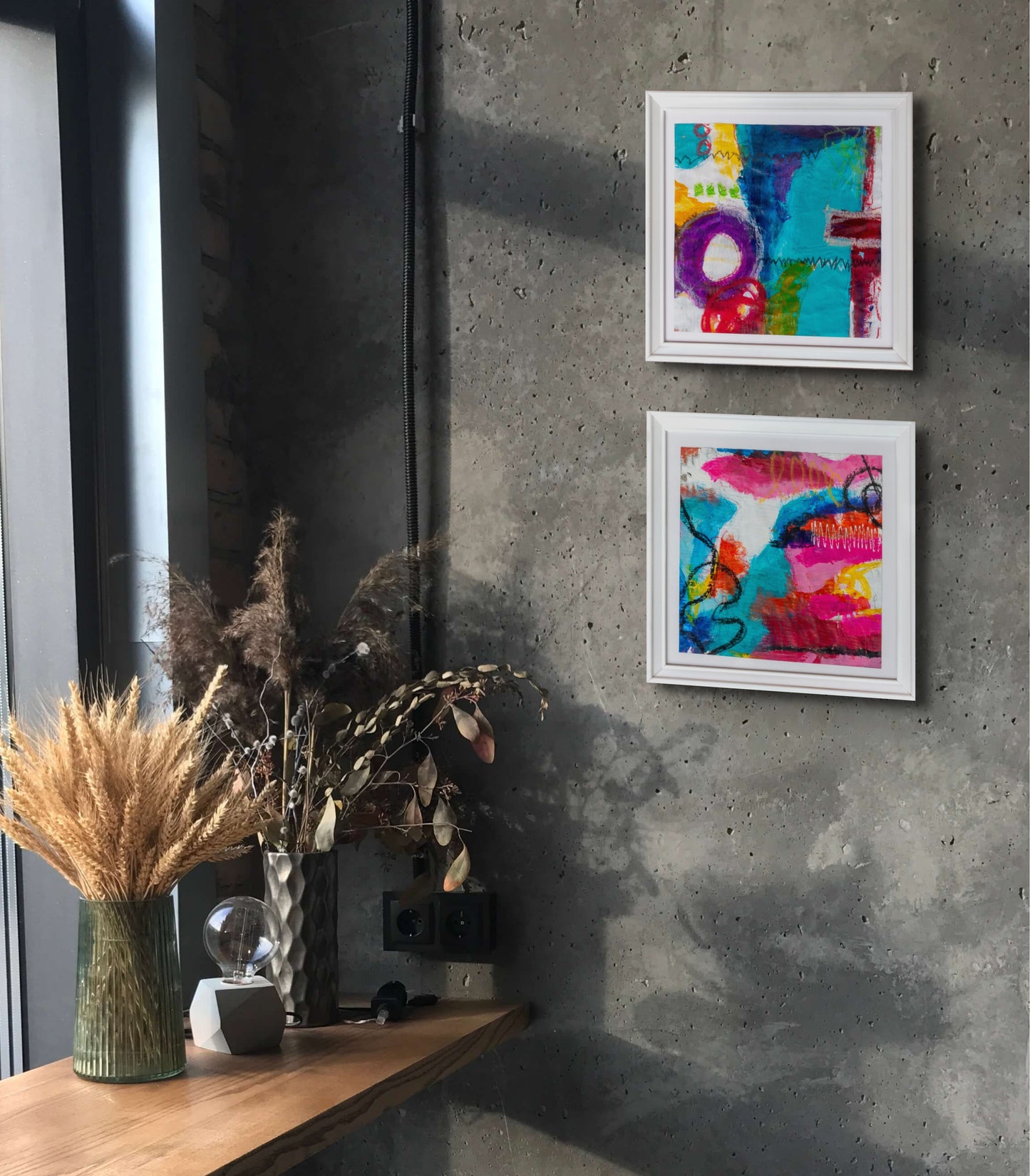 Colorful acrylic abstract painting on paper titled 'Part of the Whole #12' by artist Steffi Möllers; measures app 7.5"x7.5"; w/frame measures 10"x10"; image is paired with another of the artist's abstracts for in situ hanging on a wall.